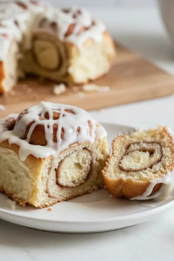 cinnamon sugar sourdough focaccia with cream Cheese Icing on a plate