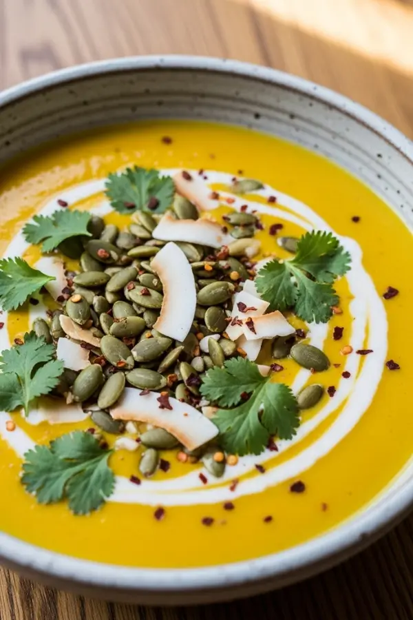 Creamy golden pumpkin soup in a bowl, swirled with coconut milk, topped with toasted pumpkin seeds, coconut flakes, and fresh cilantro, with a sprinkle of red pepper flakes