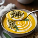 Creamy roasted pumpkin and butternut squash soup in a bowl, golden-orange and velvety smooth, swirled with coconut cream, topped with toasted pumpkin seeds and fresh sage leaves, served alongside crusty sourdough bread, spoonful