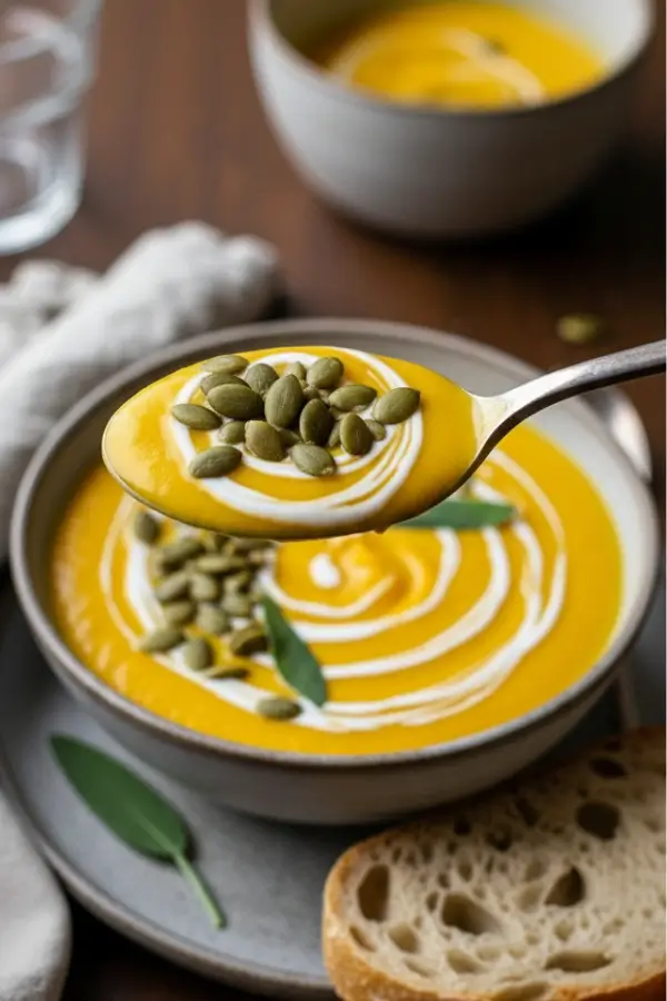 Creamy roasted pumpkin and butternut squash soup in a bowl, golden-orange and velvety smooth, swirled with coconut cream, topped with toasted pumpkin seeds and fresh sage leaves, served alongside crusty sourdough bread, spoonful