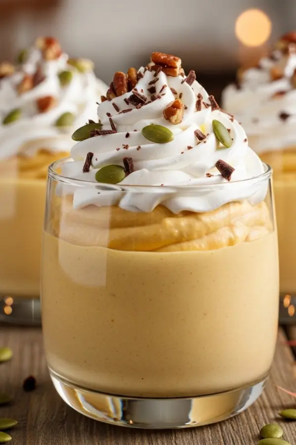 Creamy pumpkin mousse in glass cups, topped with coconut whipped cream, chopped pecans, pepitas, and dark chocolate shavings