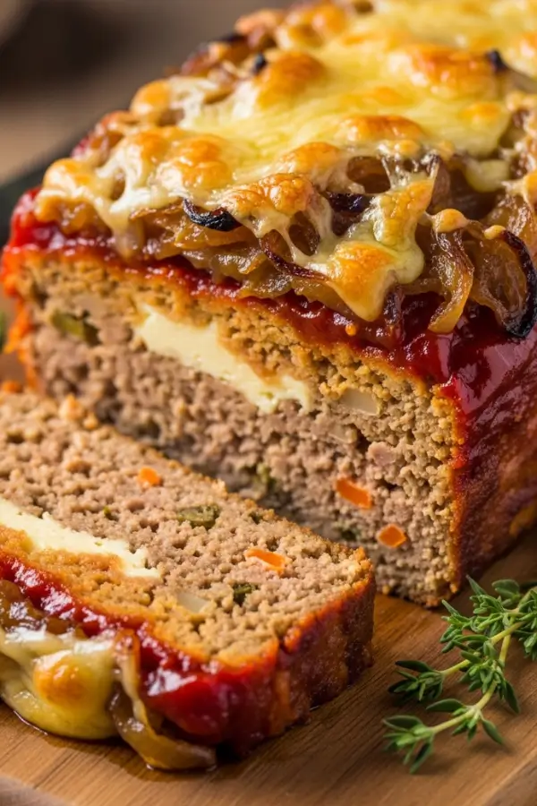 Golden French onion soup meatloaf, topped with caramelized onions and bubbling Gruyère cheese, glossy ketchup glaze, sliced thick on a wooden board