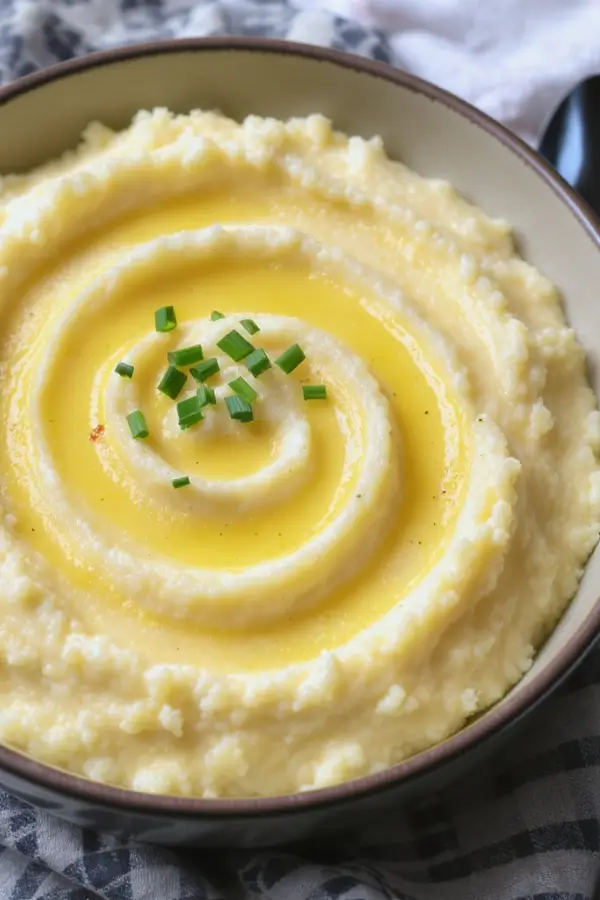 Creamy cauliflower mash in a bowl, smooth and buttery with Parmesan melted in, flecked with fresh green chives, served as a light mashed potato alternative