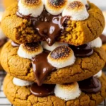 Gooey pumpkin cookies, topped with melted chocolate chips and toasted mini marshmallows, golden edges with soft centers, stacked on a cooling rack