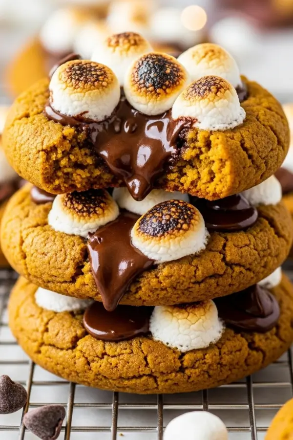 Gooey pumpkin cookies, topped with melted chocolate chips and toasted mini marshmallows, golden edges with soft centers, stacked on a cooling rack