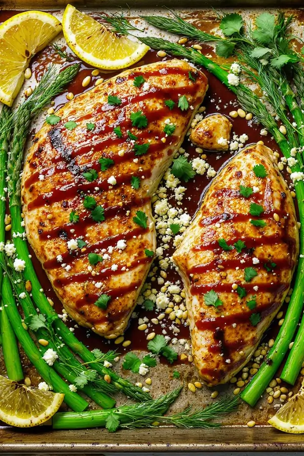 Sheet pan with golden roasted honey-balsamic chicken breasts, bright green asparagus, charred lemon wedges, and caramelized glaze, topped with crumbled feta, toasted pine nuts, and fresh dill and cilantro