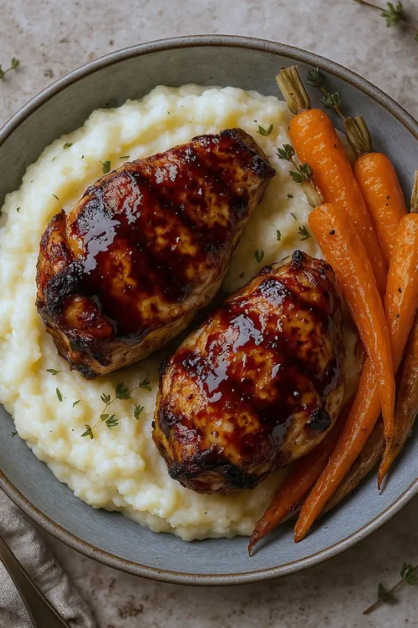 Honey balsamic chicken thighs on creamy goat cheese mashed potatoes with roasted carrots, garnished with thyme