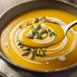Spoonful of Golden creamy pumpkin soup in a bowl, swirled with coconut milk, topped with roasted pumpkin seeds and fresh thyme