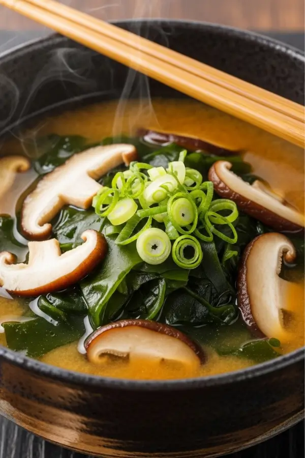 Miso soup with golden broth, shiitake mushrooms, rehydrated wakame seaweed, and green onion slices, served in a Japanese bowl
