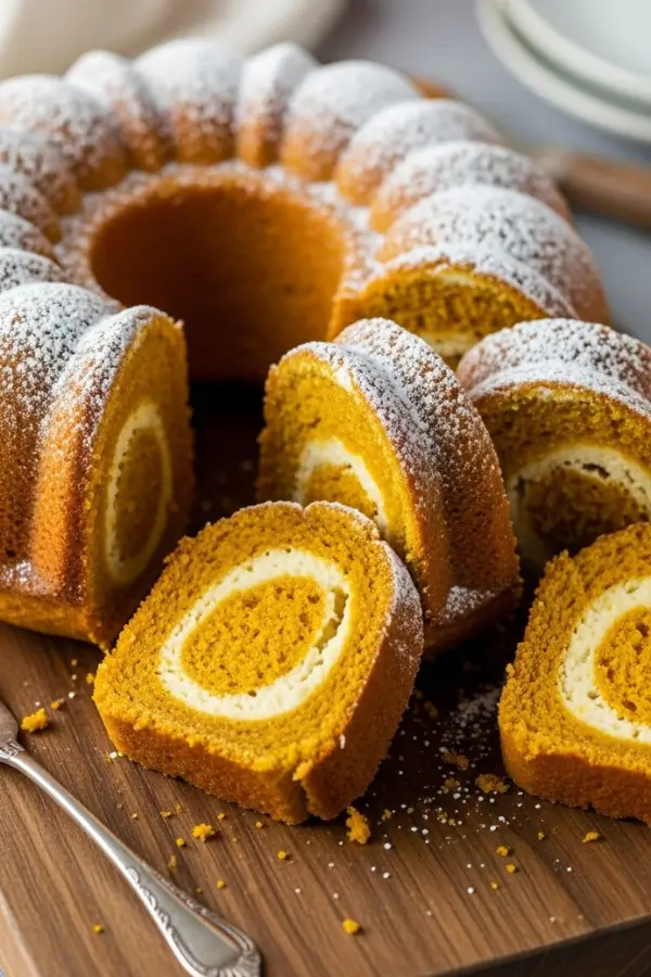 Golden pumpkin bread ring baked in a bundt pan, sliced to reveal a creamy maple cream cheese swirl inside, topped with a light dusting of powdered sugar, served on a wooden board