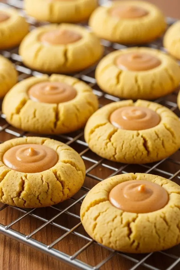 Golden pumpkin spice thumbprint cookies with creamy pumpkin filling in the center, arranged on a cooling rack