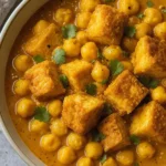 Golden crispy tofu cubes and tender chickpeas in a rich, creamy tomato-coconut curry, speckled with spices, garnished with fresh cilantro in a bowl