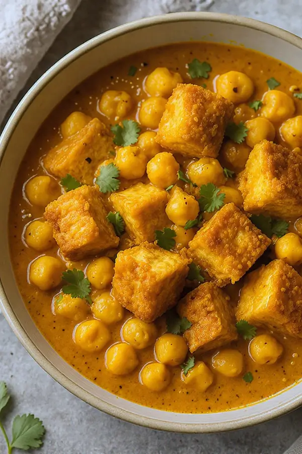 Golden crispy tofu cubes and tender chickpeas in a rich, creamy tomato-coconut curry, speckled with spices, garnished with fresh cilantro in a bowl
