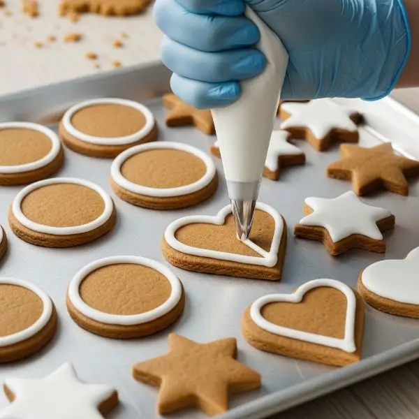 Cookies on a tray with clean white icing borders being piped around the edges, smooth lines forming a dam