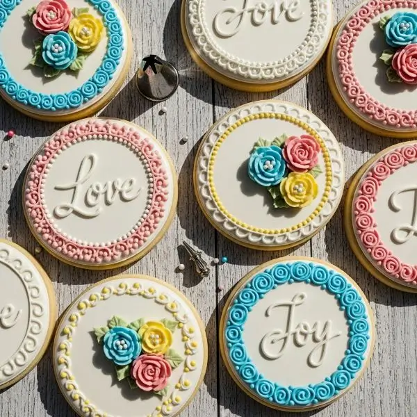 Fully dried cookies being decorated with raised piped flowers, borders, and lettering