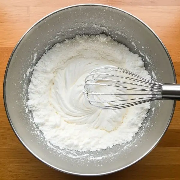 Mixing bowl with powdered sugar, meringue powder, and cream of tartar being whisked together