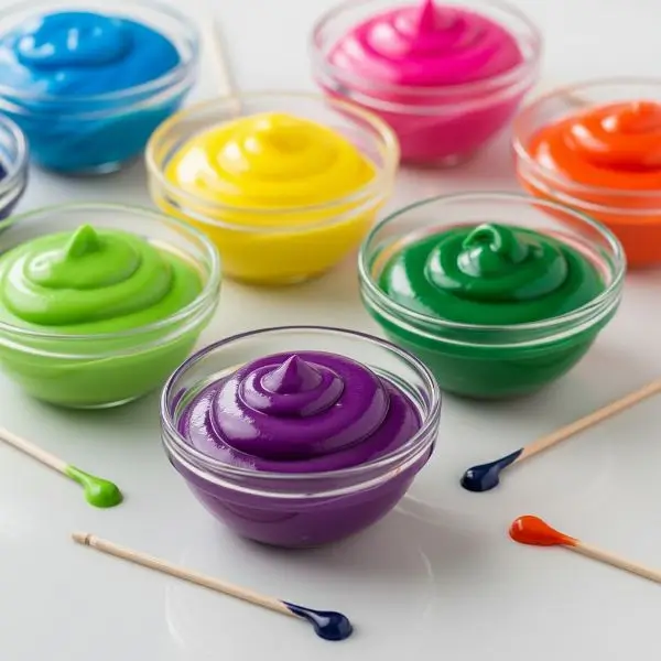 Multiple small bowls of icing in vibrant colors created with gel food coloring, toothpick dipped in gel beside them