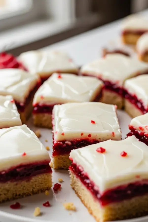 A festive close-up of freshly baked Christmas Cherry Bars cut into squares