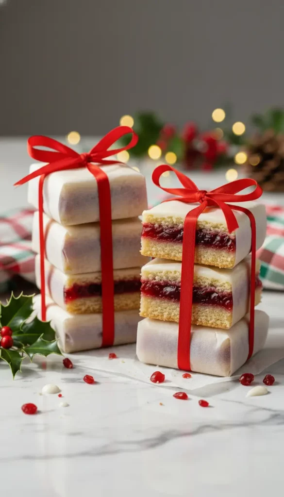 Stacked cherry bars all wrapped in parchment paper and tied with red ribbons on a festive table