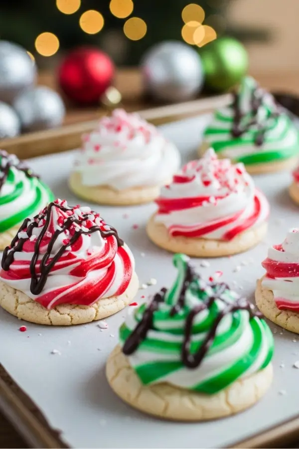 Christmas meringue cookies in white, red, and green swirls, topped with crushed candy canes, chocolate drizzle, and edible glitter, arranged on a parchment-lined baking sheet