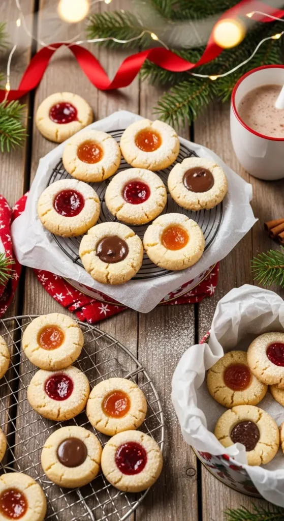 Decorated Christmas Thumbprint Cookies with different fillings