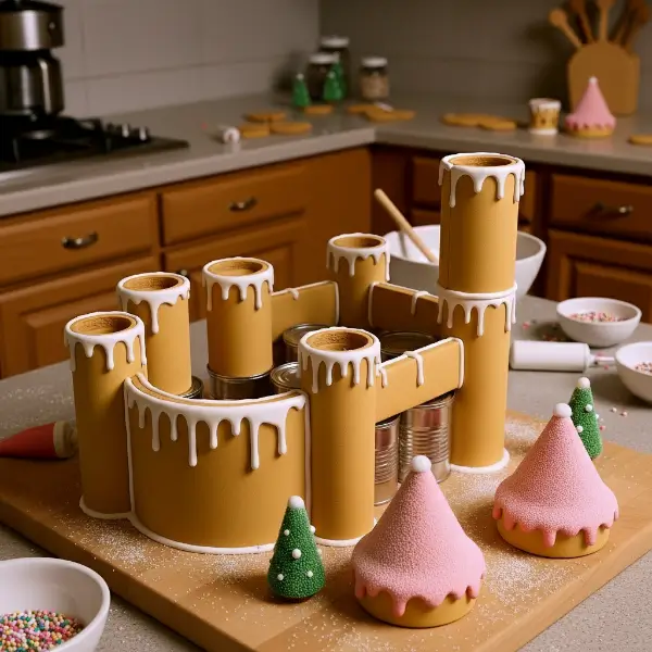 Partially built gingerbread castle with walls and towers being held with royal icing, jars supporting pieces