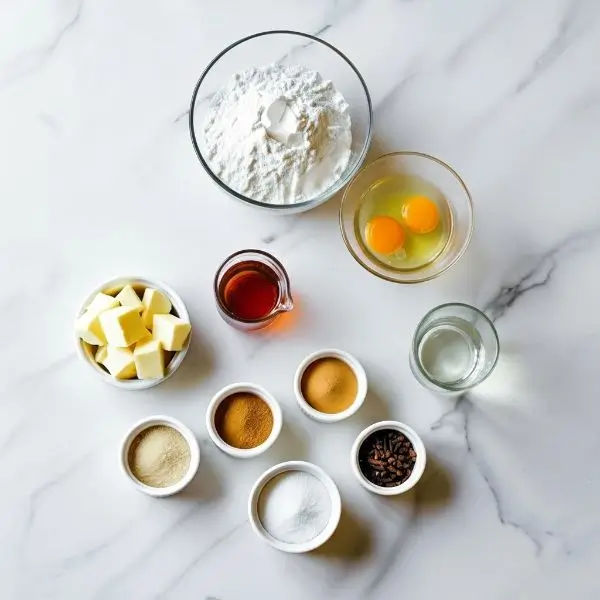 All-purpose flour, ground ginger, cinnamon, ground cloves, salt, unsalted butter, dark brown sugar, molasses, and eggs