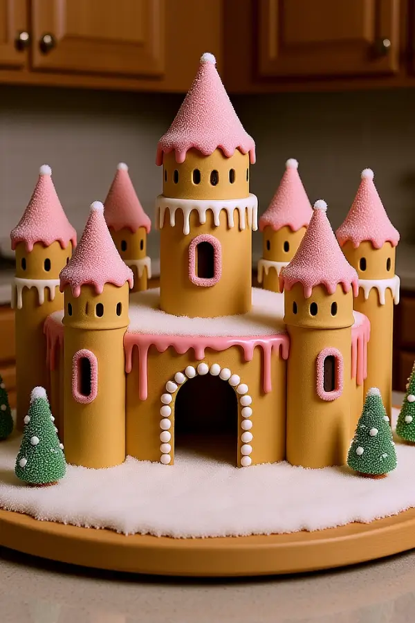 A fully assembled and decorated gingerbread castle on a wooden board, placed on a kitchen countertop