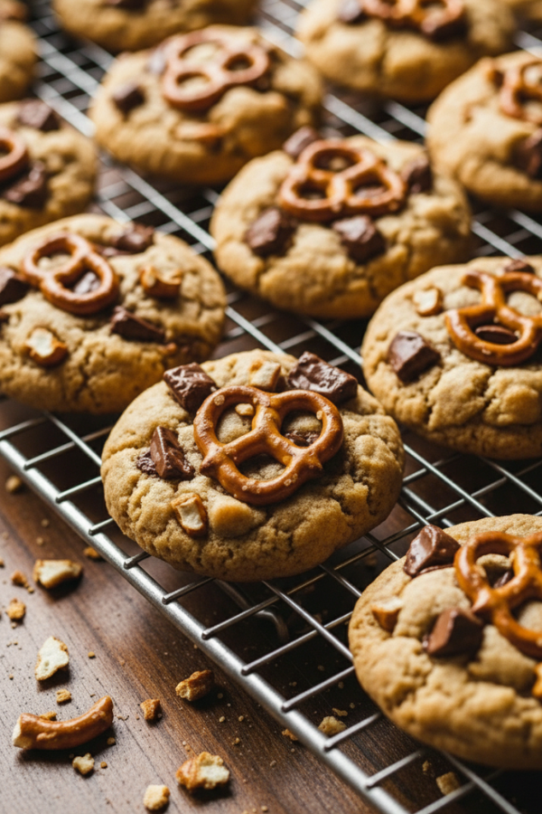 Freshly baked mini pretzels cookies on a cooling rack