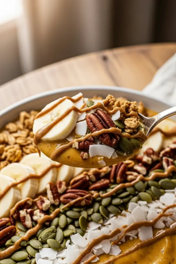 Thick pumpkin pie smoothie bowl in a shallow bowl, spoonful