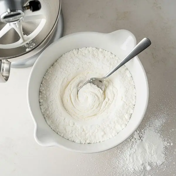 Powdered sugar and meringue powder in a mixing bowl, spoon stirring gently, stand mixer with paddle attachment