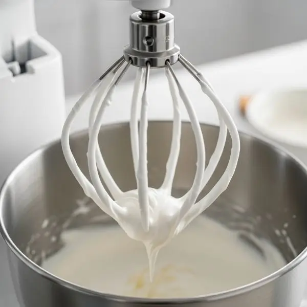 Mixer whipping icing to glossy, fluffy white peaks
