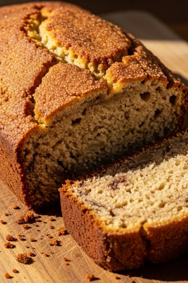 Golden snickerdoodle banana bread loaf with a crackly cinnamon-sugar crust, soft and moist inside