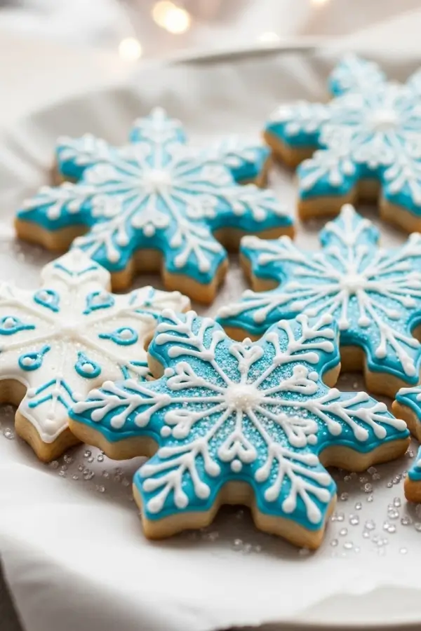 Snowflake sugar cookies with white and blue royal icing, sparkling sugar, arranged on parchment