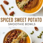 spiced sweet potato smoothie bowls, each bowl topped with pecans, pumpkin seeds, cinnamon, and puffed grains on a white marble background