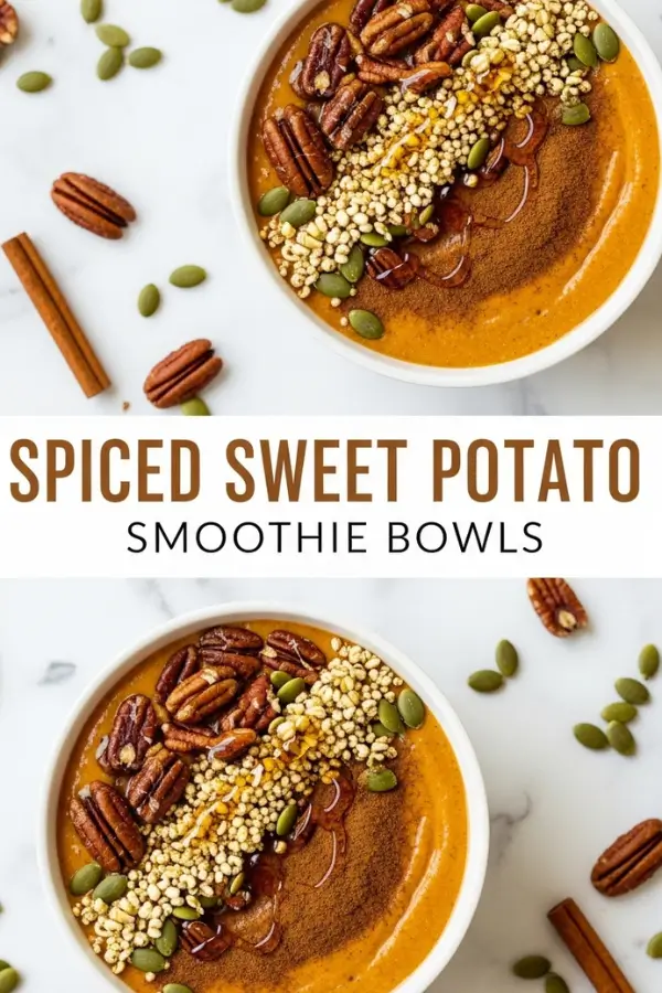 spiced sweet potato smoothie bowls, each bowl topped with pecans, pumpkin seeds, cinnamon, and puffed grains on a white marble background