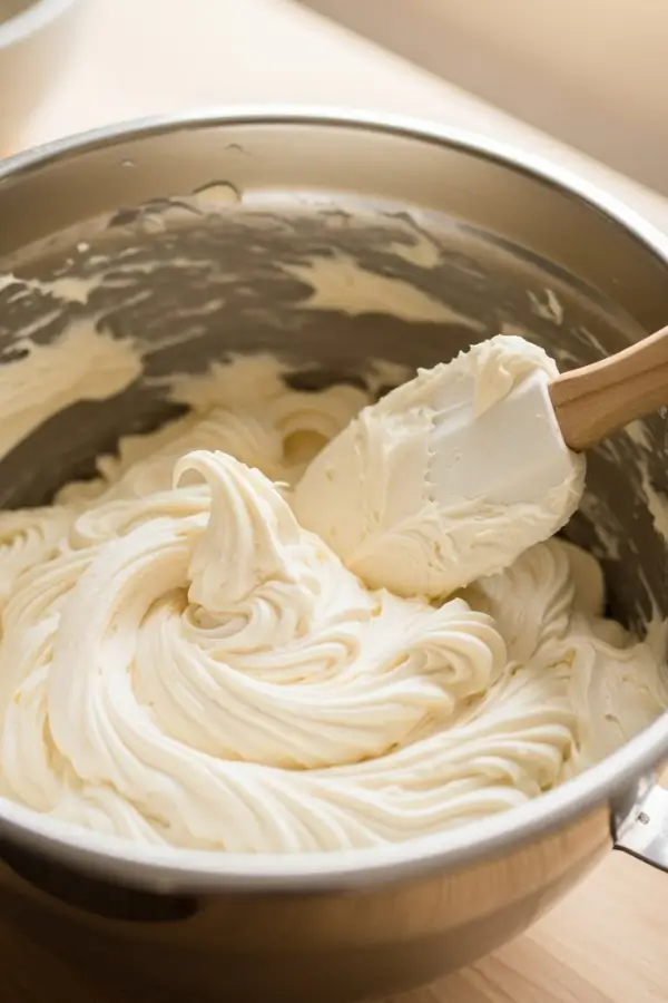 Fluffy homemade American buttercream frosting in a mixing bowl, pale and airy