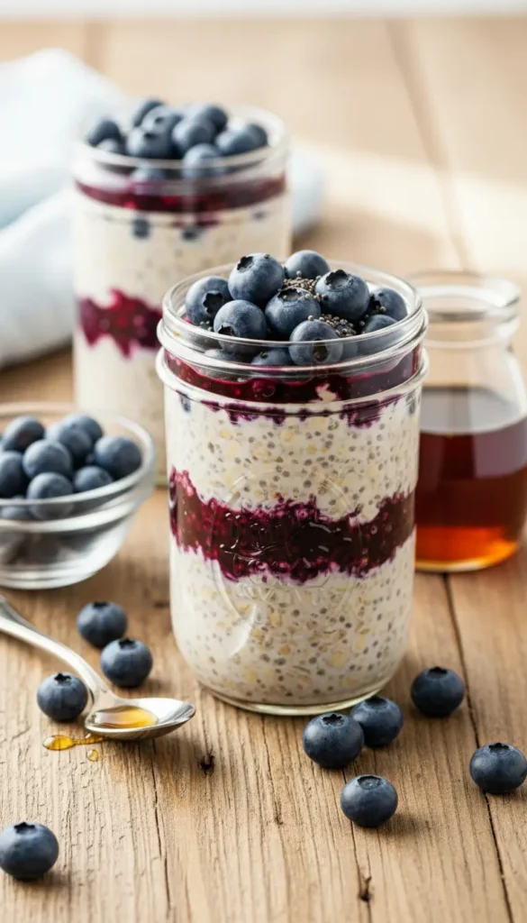 Blueberry Overnight Oats in mason jars with honey and blueberries
