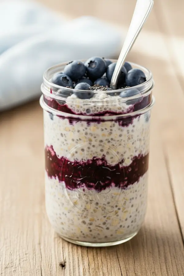 Blueberry Overnight Oats in mason jar with spoon