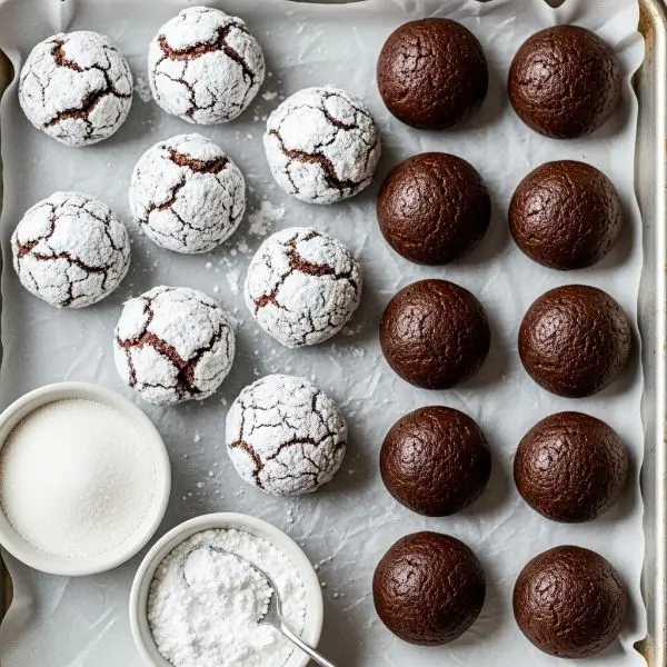 Unbaked chocolate crinkle cookie dough balls arranged on a parchment-lined baking sheet