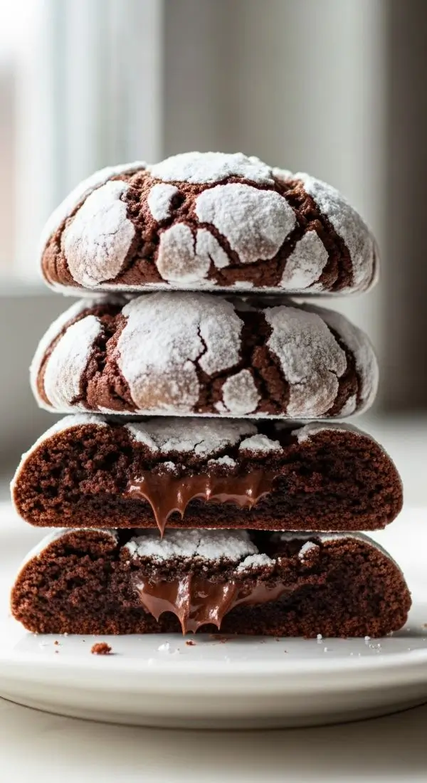 A stack of chocolate crinkle cookies on a white ceramic plate with one cookie broken in half