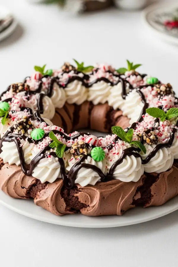 Chocolate pavlova wreath topped with fluffy peppermint whipped cream, dark chocolate drizzle, crushed peppermint candies, peppermint bark pieces, and fresh mint