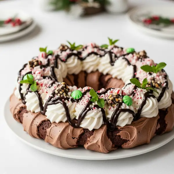 Chocolate pavlova wreath, displayed beautifully on a white holiday table