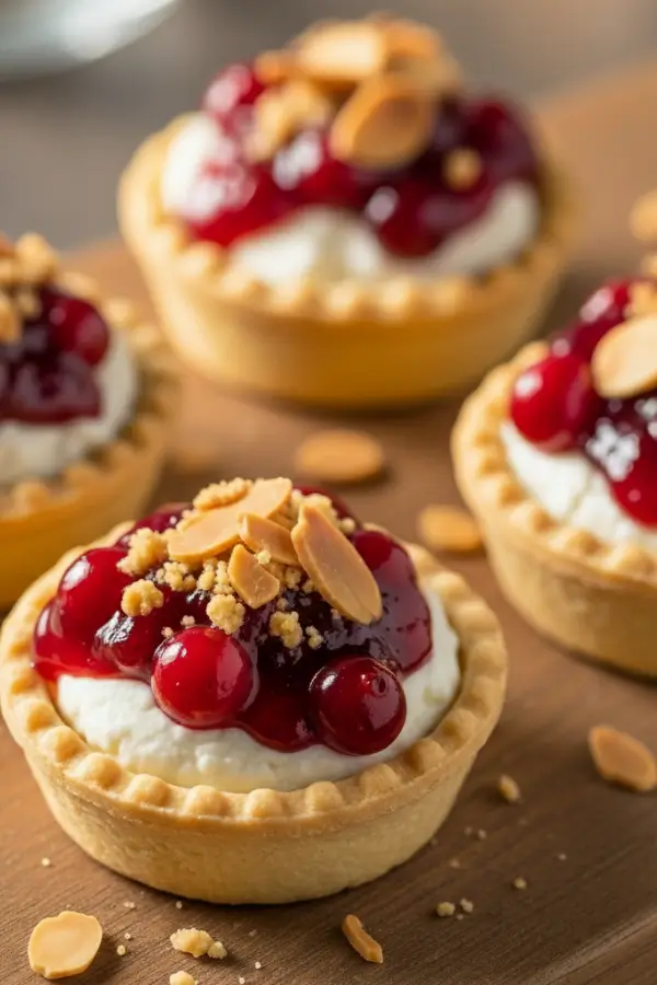 Mini golden-brown tart shells filled with creamy goat cheese, topped with glossy cranberry sauce and toasted almond crumble