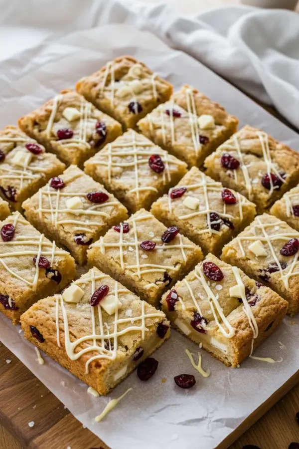 Cranberry white chocolate blondies cut into neat squares, cooling on parchment