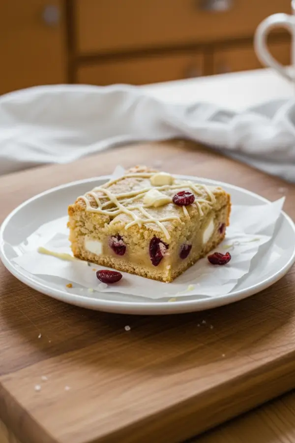 One slice of cranberry white chocolate blondie on a plate