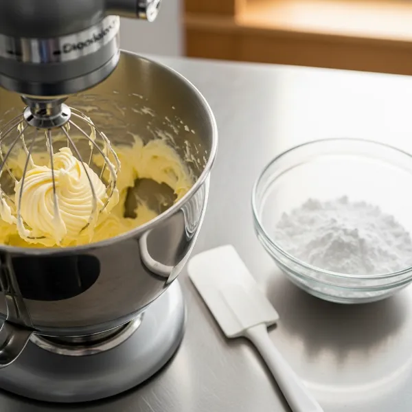 Softened butter being whipped in a stand mixer and powdered sugar waiting in a bowl beside it.