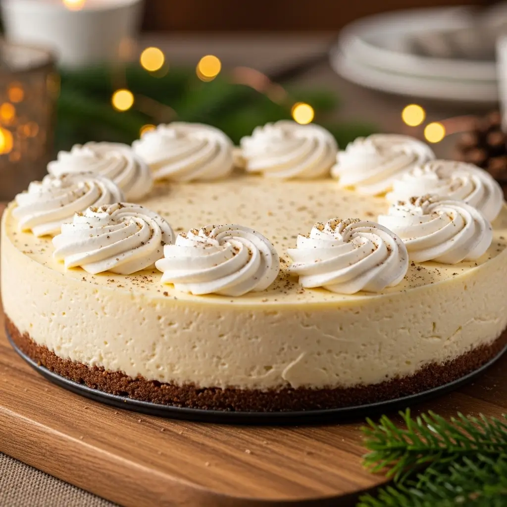 Eggnog Cheesecake with Gingersnap Crust, displayed in a festive mood