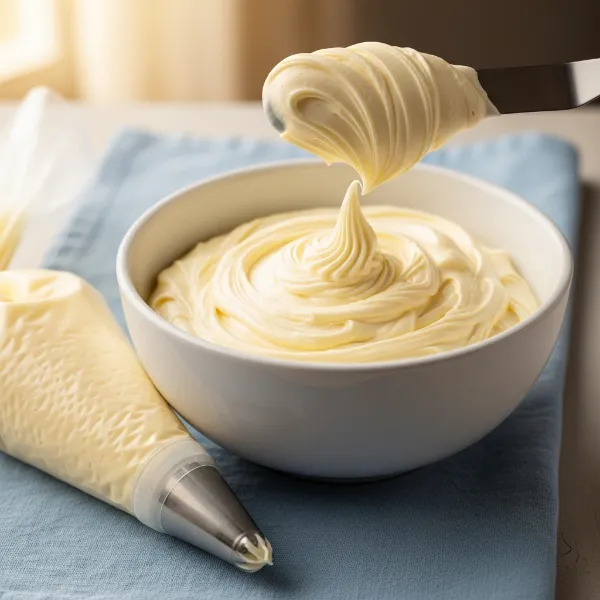 Smooth, glossy buttercream frosting in a bowl, a spatula lifting a perfect peak, piping bag filled beside it, showing the creamy, spreadable texture.