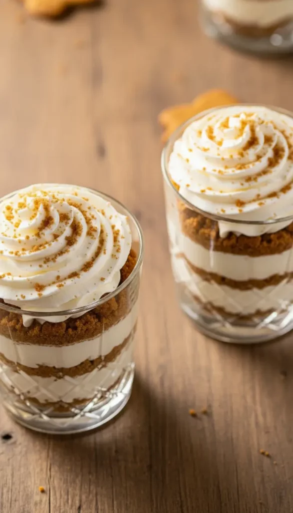 Two glasses Gingerbread Cheesecake Parfaits with cookie crumbs over the top